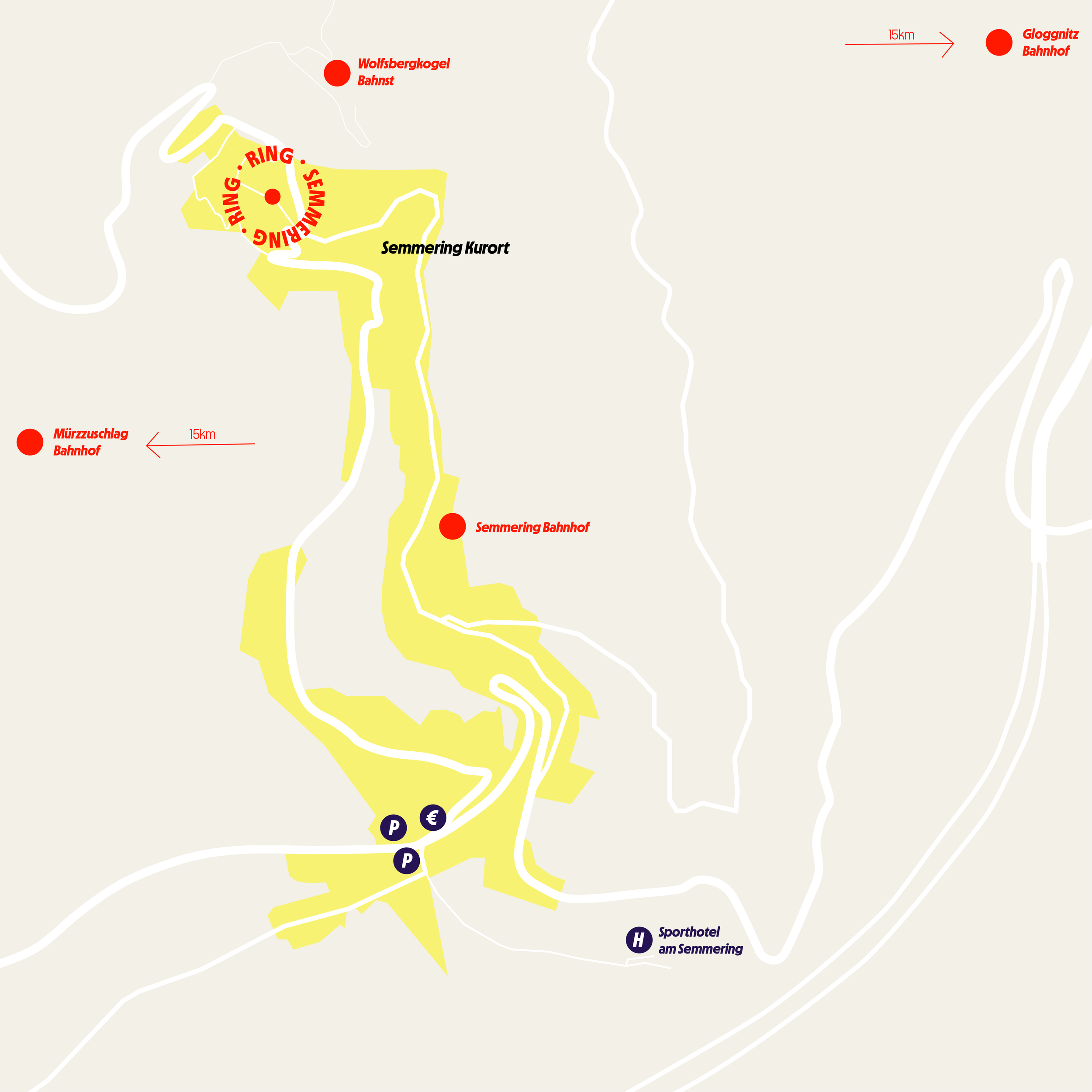 Lageplan von Semmering mit Bahnhof, Parkplätzen und und Bankomat.