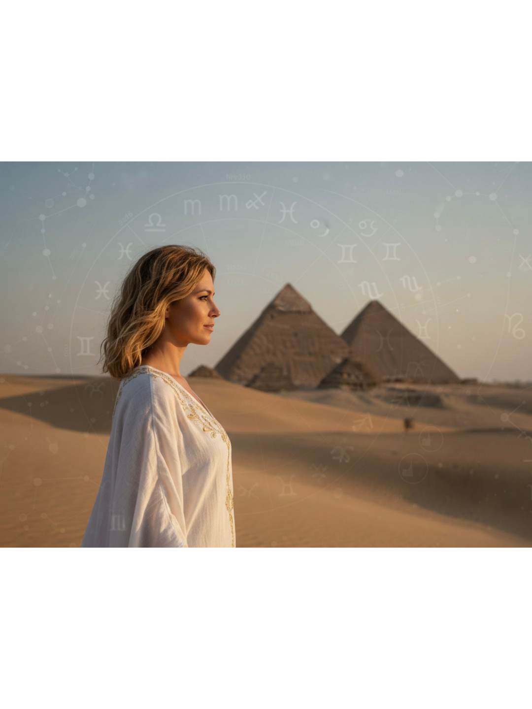 KI-generiertes Illustration - Frau steht seitlich vor Pyramide