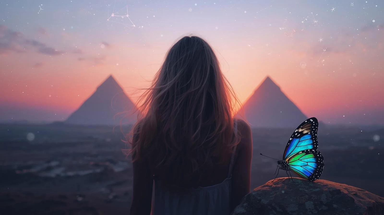 KI-generierte Illustration - Archetyp Priesterin - Motiv: Schmetterlingsfrau Rückenansicht steht vor den Pyramiden für ihre Transformation - Vision Astrologie und Meer - Andrea Christina Seiermann
