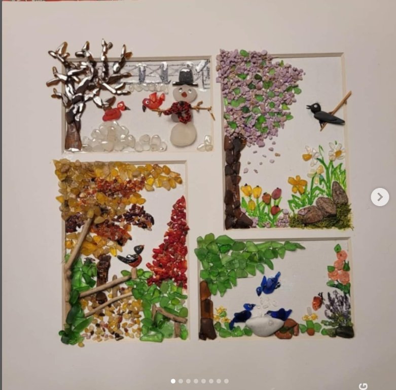 All four sections of this mosaic depict different seasons, with various crafted elements like trees, animals, and flowers made from colorful stones, leaves, and other materials.