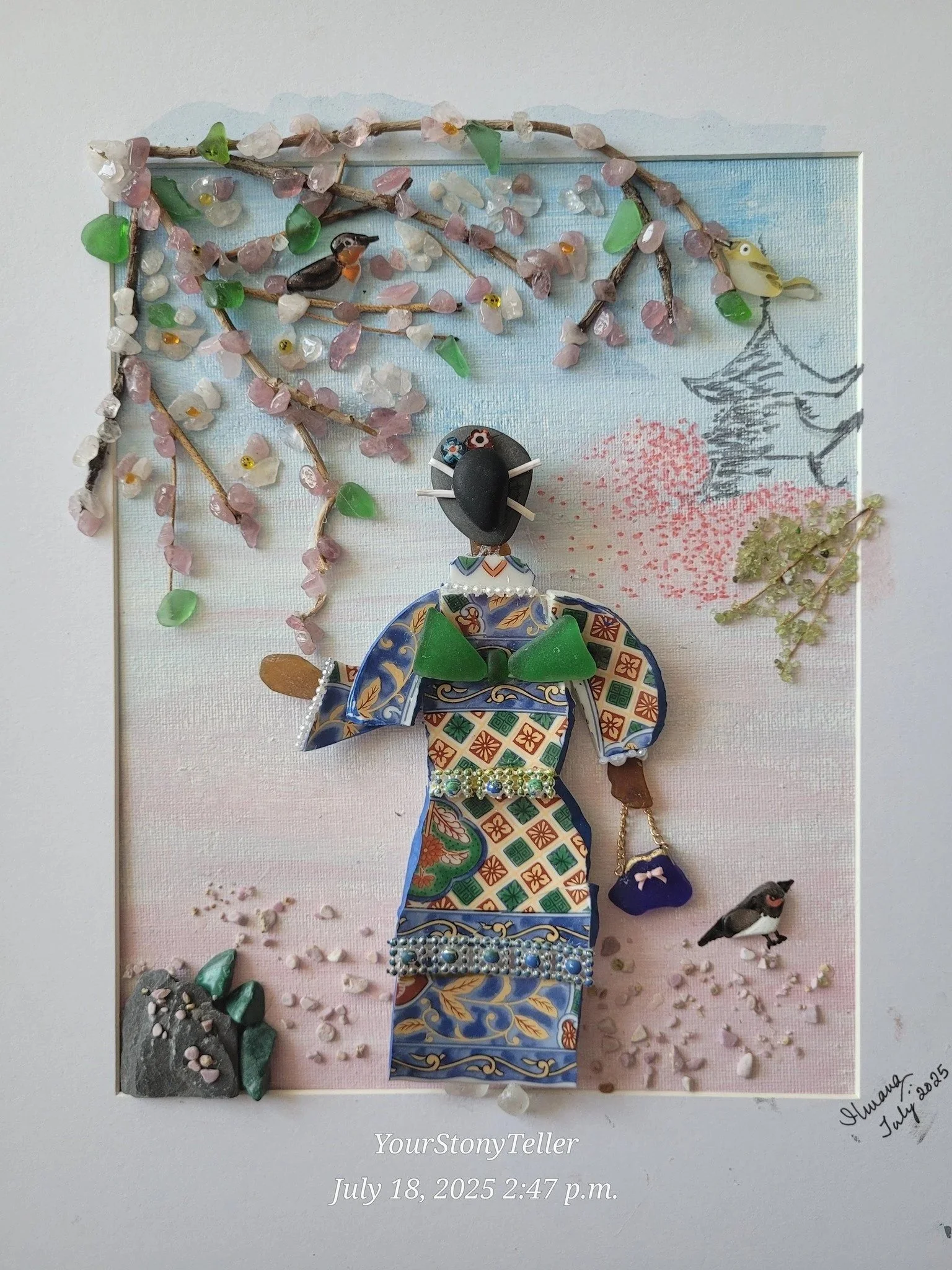 Mixed media artwork of a Japanese woman wearing a kimono, surrounded by nature elements like cherry blossoms, birds, and a pagoda, with the artist's signature and date below.