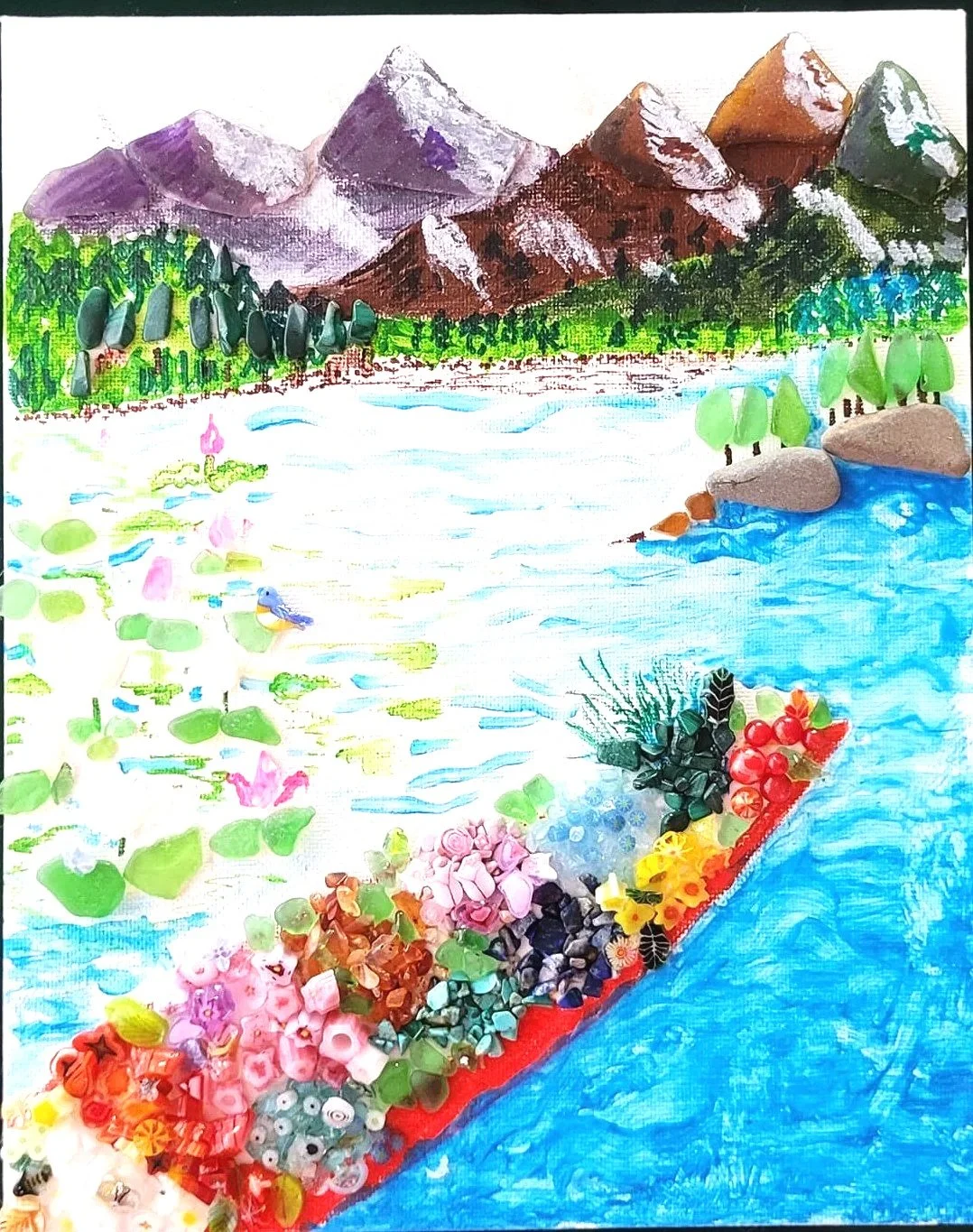 A colorful landscape painting of mountains, a lake with water lilies, and a boat filled with flowers and rocks.