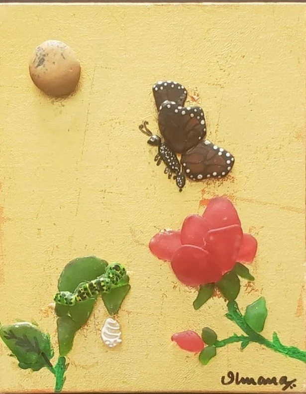 Decorative art featuring a butterfly with black wings and white spots, a green caterpillar with black and yellow markings on a green leaf, a red flower with green leaves, and a small white seashell, all set against a yellow background.