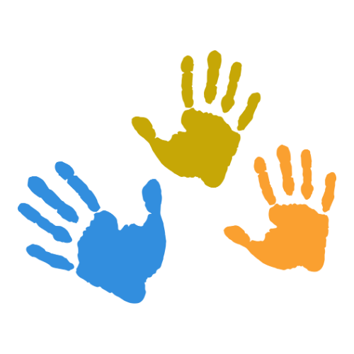 Drei bunte Handabdrücke in Blau, Gelb und Orange auf schwarzem Hintergrund.