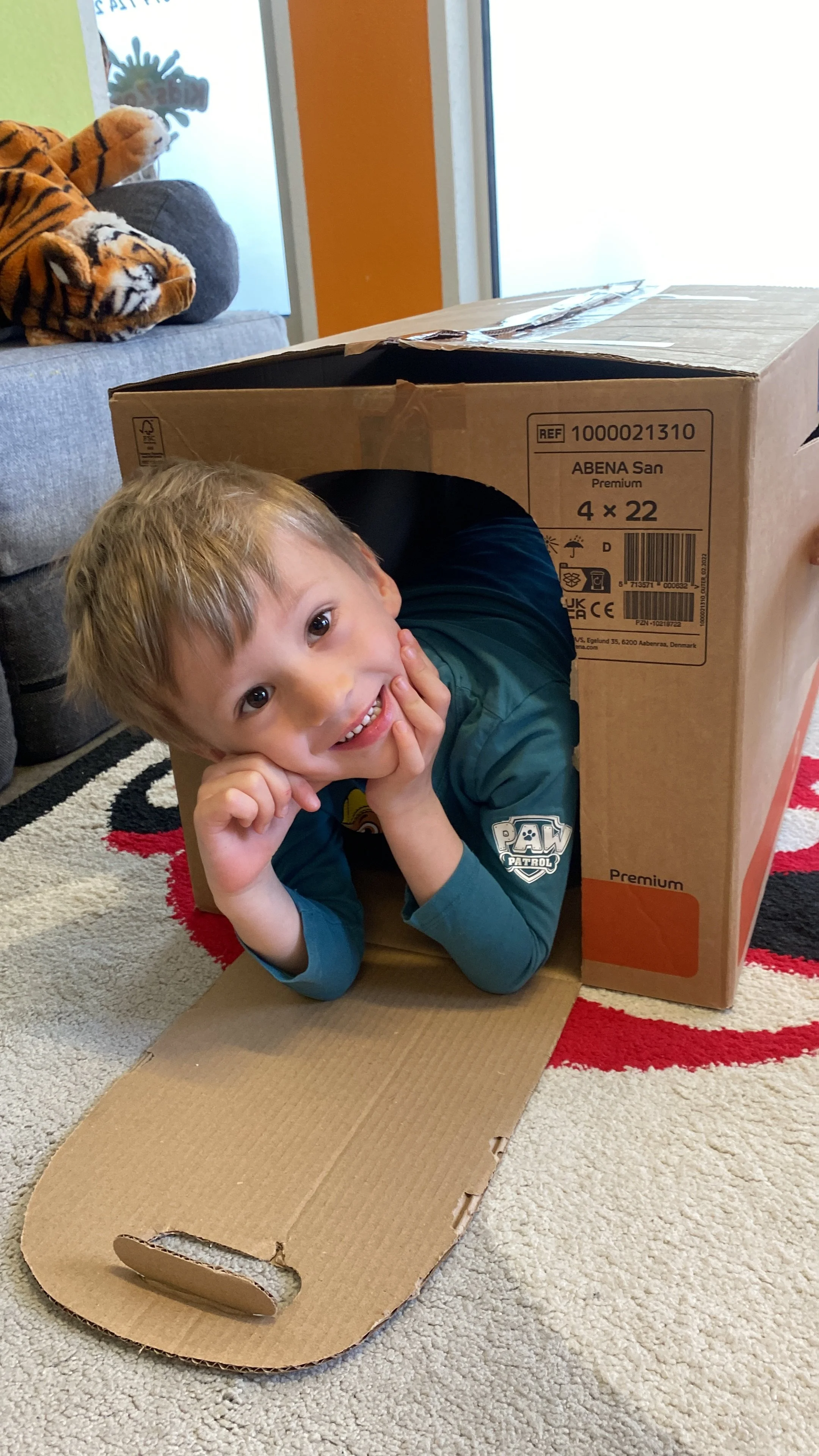 Ein lachendes Kind, das durch ein Loch in einer grossen Pappkiste blickt, liegt auf einem Teppich. Im Hintergrund ein Teddybär auf einem Sofa.