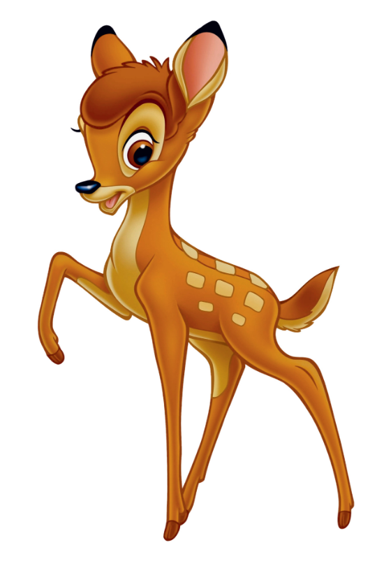 Cartoon Reh mit großen Augen und schelmischem Ausdruck, steht auf einem Bein, vor weißem Hintergrund.