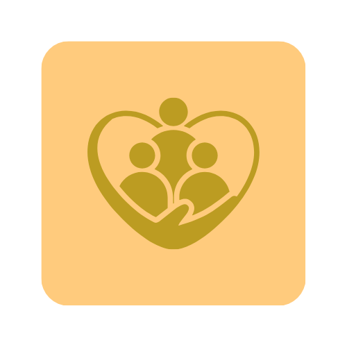 Ein goldener Herz-Symbol mit drei Menschen-Silhouetten darin, auf beigefarbenem Hintergrund.