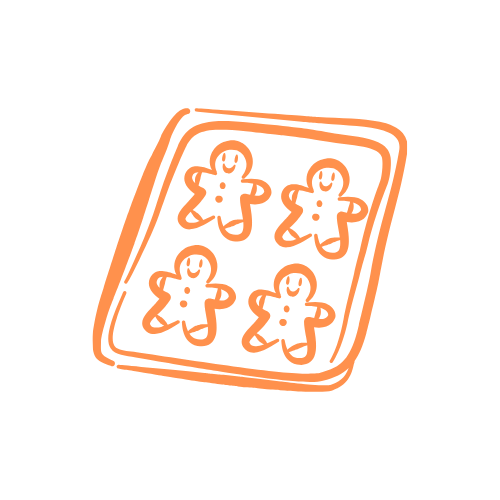 Zeichnung von vier Lebkuchenmännern auf einem Backblech