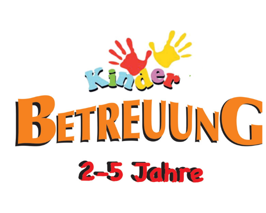 Logo mit bunten Kinderhandabdrücken und Text "Kinder BETREUUNG 2-5 Jahre" in bunten und orangefarbenen Buchstaben.