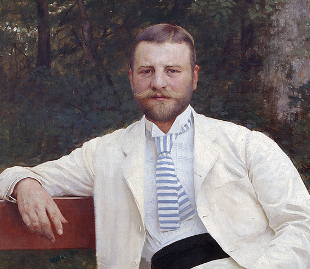 Painted portrait of a man with a beard and mustache, wearing a white suit, striped tie, sitting outdoors on a bench with a forest background.