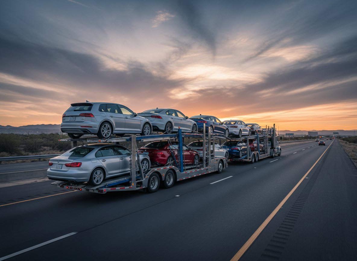 Caminhão de transporte de carros com vários veículos carregados, dirigindo na rodovia ao pôr do sol.