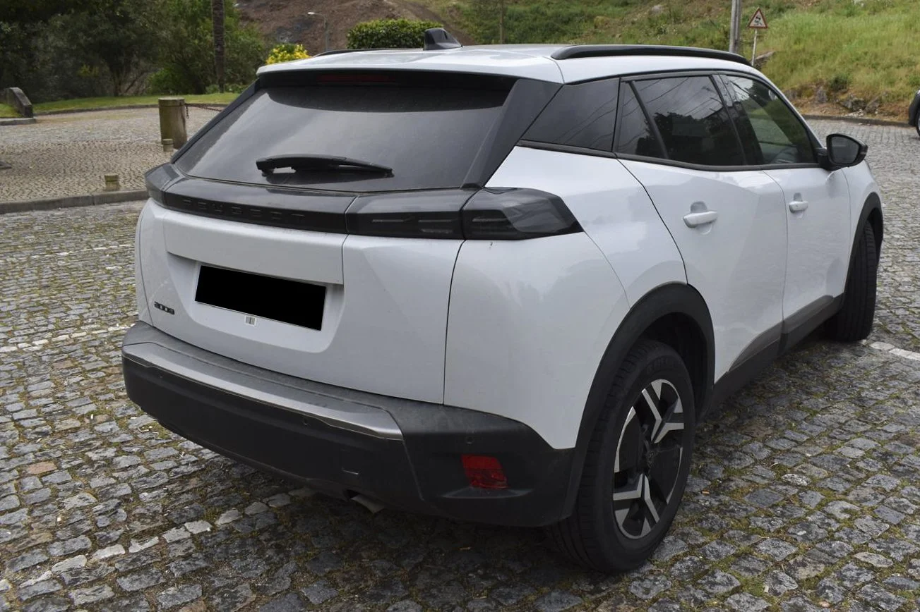 Carro SUV branco estacionado em calçada de pedras, vista traseira, com fundo de gramado e árvores.