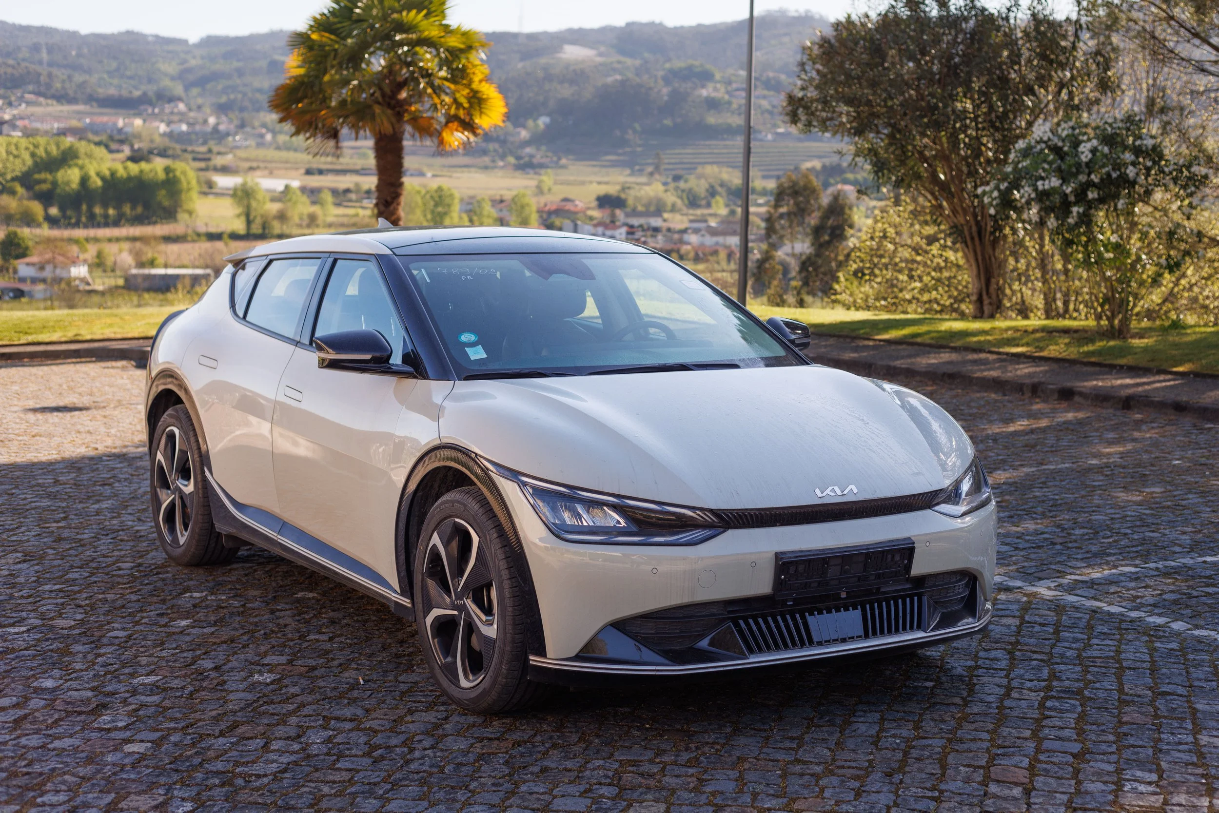 Carro elétrico de cor branca estacionado em uma área de parquinho com árvores e colinas ao fundo.