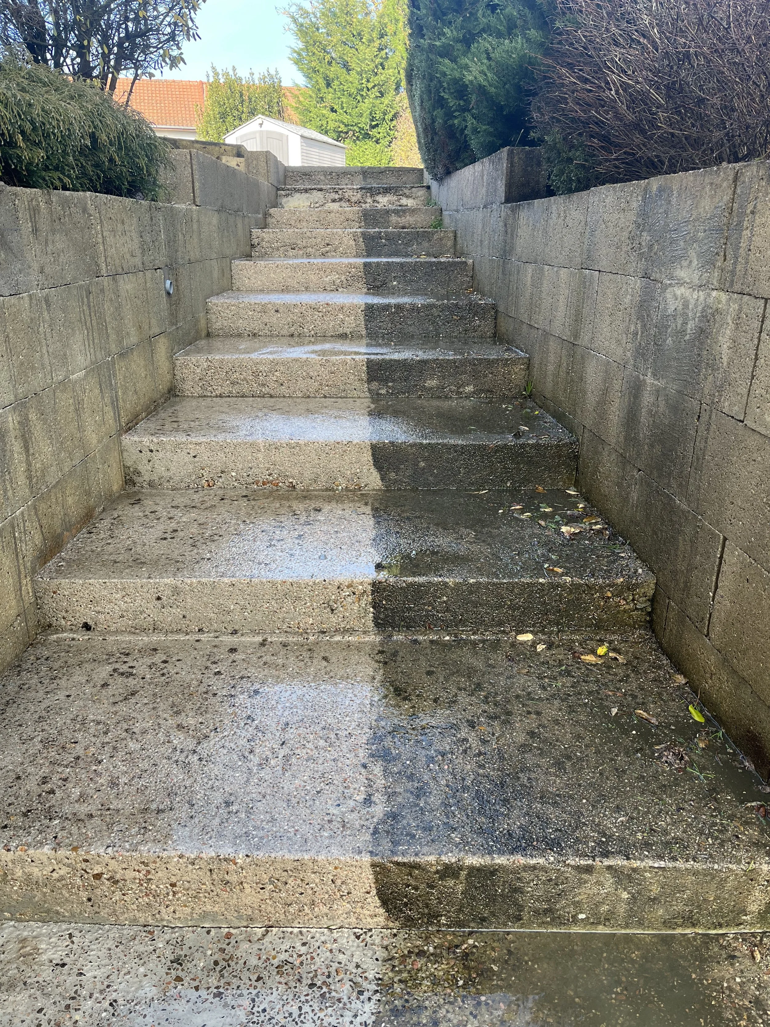 Escaliers extérieurs en béton avec des flaques d'eau, flanqués de murs en pierre et de végétation, sous un ciel ensoleillé.