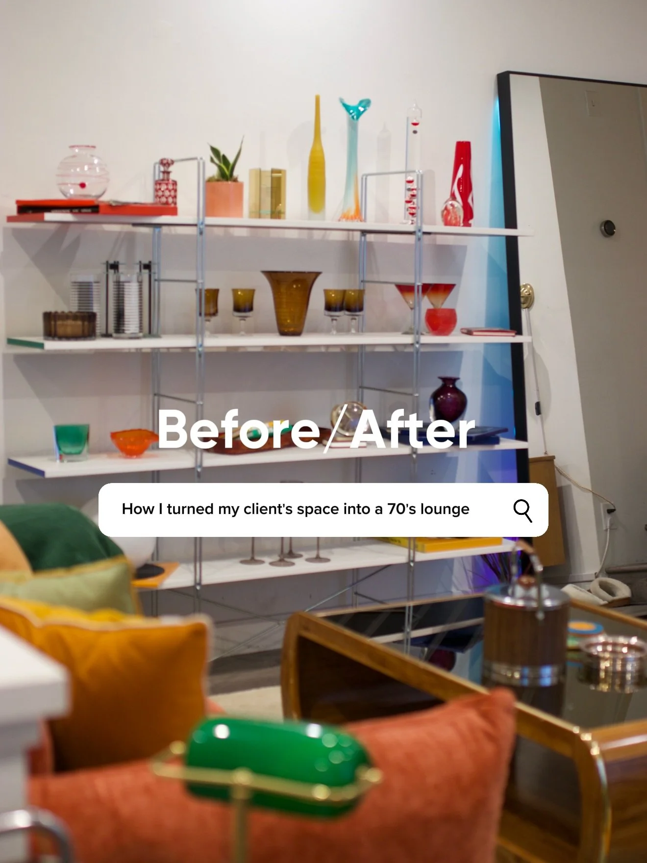 How I turned my client&rsquo;s space into a retro 70&rsquo;s lounge- I loved this project so much 🤍 so many amazing Facebook marketplace finds&hellip;the list is endless #interiordesign #interiordecorating #vintagefinds #facebookmarketplace