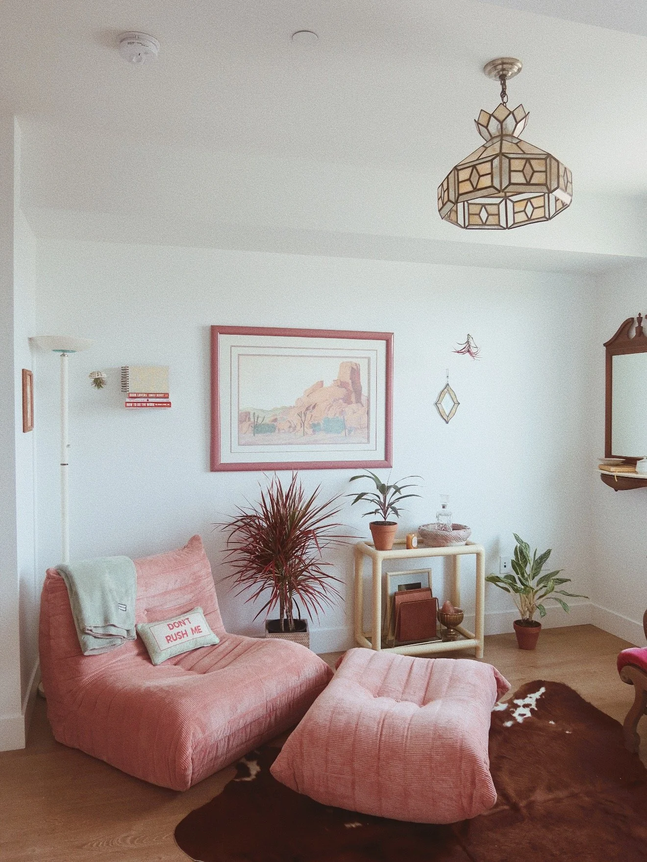 Living room with pink couch, green throw blanket, decorative pillow with 'DON'T RUSH ME' text, potted plants including a red-leafed plant and a green leafy plant, wall art, hanging lamp, and small tables with decor items, on a wooden floor with a cow