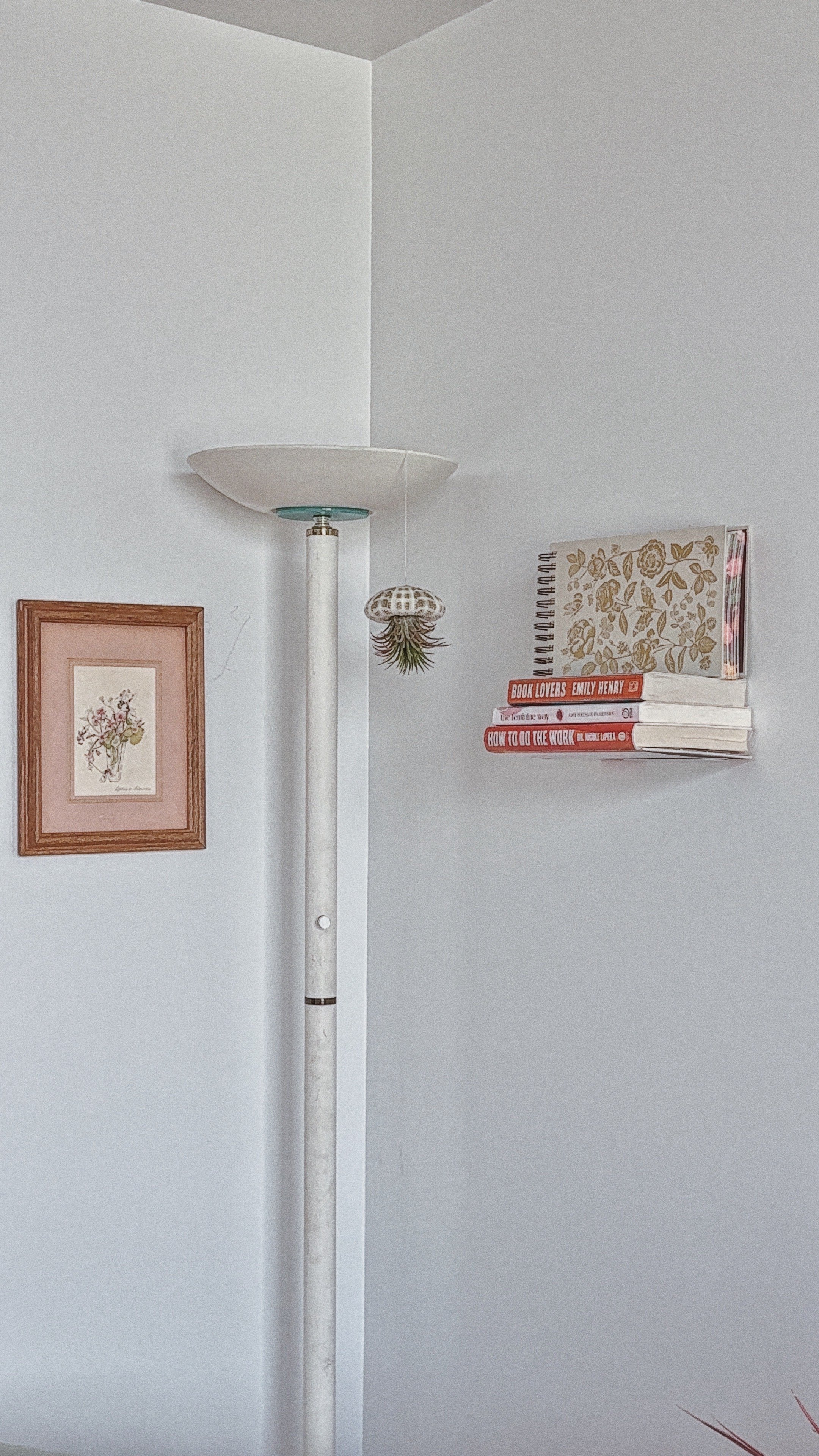 A corner of a room with a white wall, a framed floral picture, a tall lamp with a spherical hanging decoration, and a wall-mounted shelf with books and decorative items.