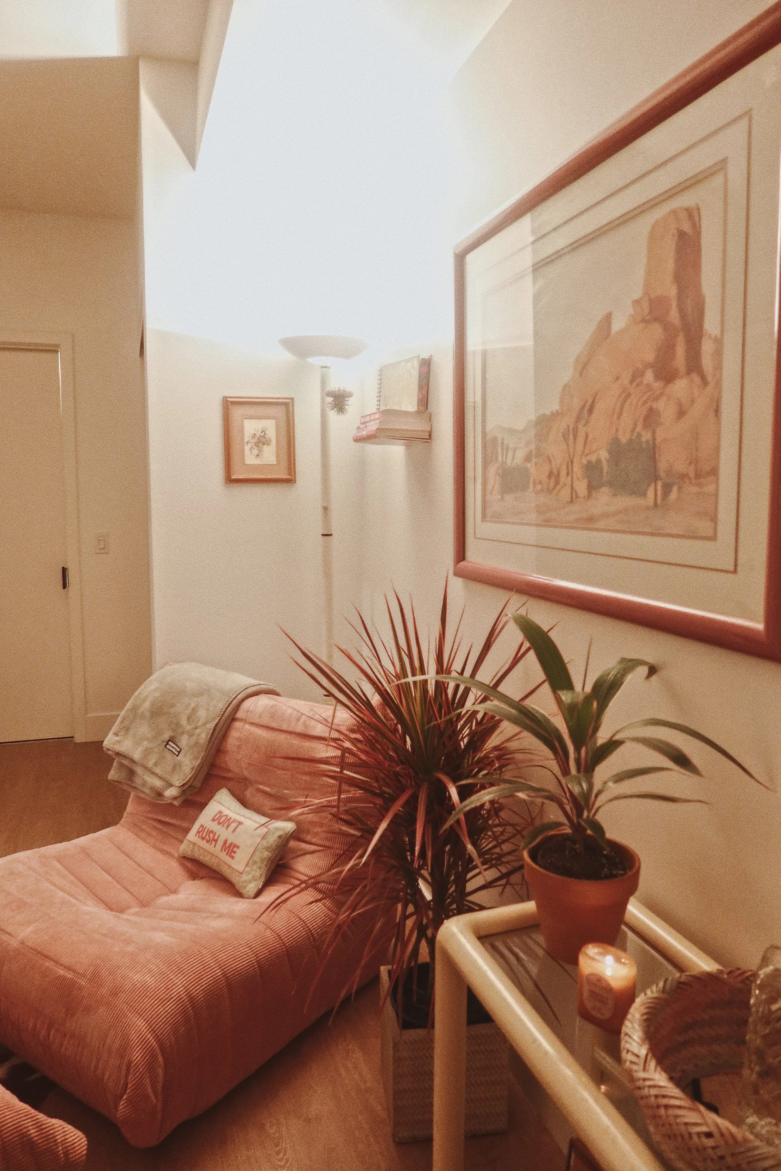 A cozy corner of a living room with a pink sofa and a small pillow that reads "Don't Rush Me." There is a potted plant with reddish-brown leaves on a white cart, and framed artwork on the walls. Soft lighting illuminates the space.