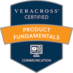 Veracross Certified Product Fundamentals Communication badge with blue and orange design.