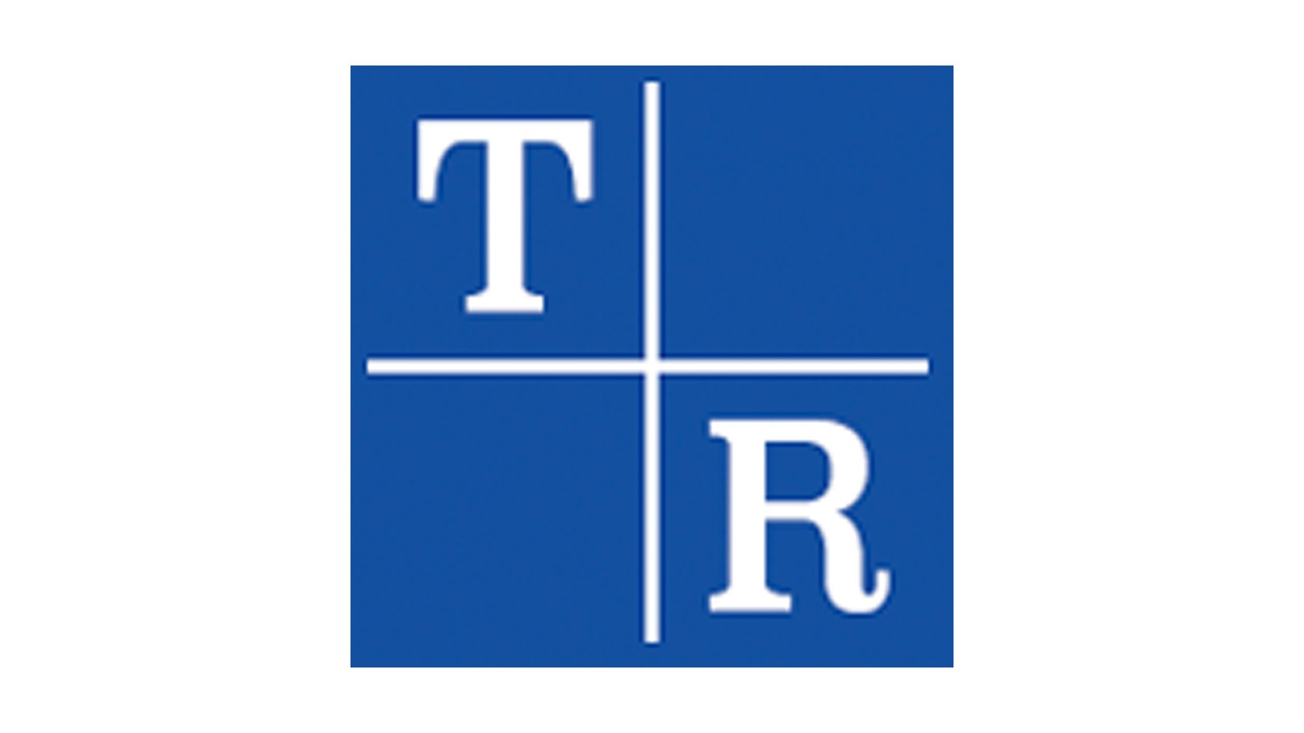 A blue square divided by white lines into four quadrants with the letters T and R in the top left and bottom right quadrants, representing the T-R core company logo.