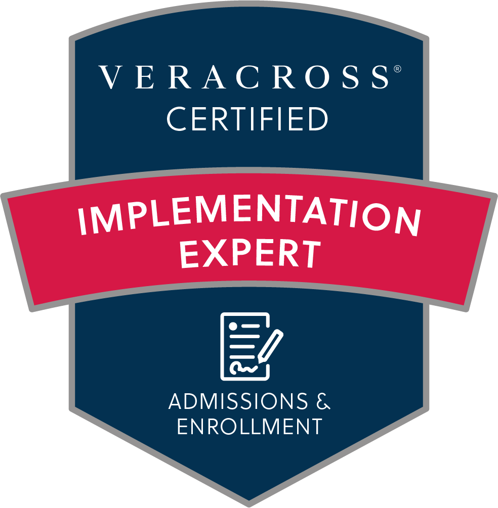 Badge with blue top section reading "Veracross Certified" and a red middle section reading "Implementation Expert"; bottom section has a white icon of a document and pen and the text "Admissions & Enrollment".