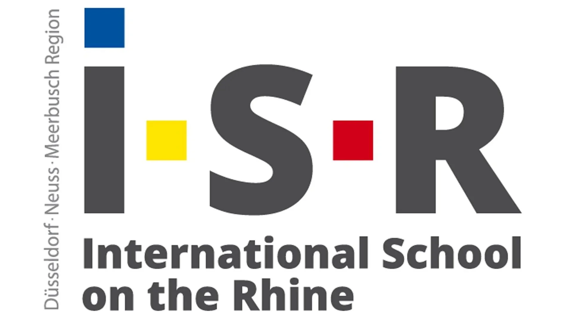 Logo for International School on the Rhine (ISR) with large gray letters I, S, R and colored squares in blue, yellow, red, and gray in the center, alongside text indicating locations Dusseldorf, Neuss, Meerbusch, and Mettmann.