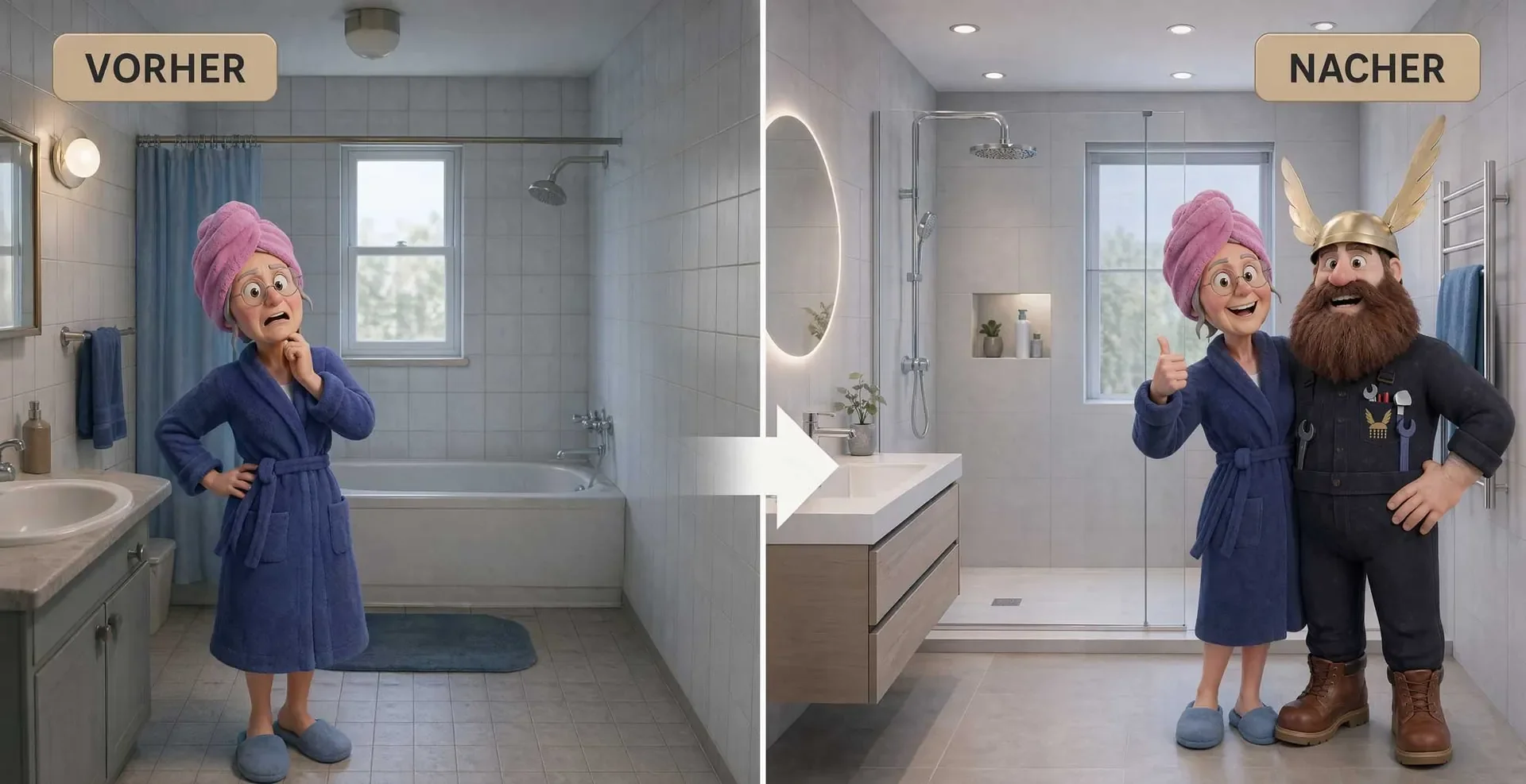 Vorher-Nachher-Bilder eines Badezimmers, links unordentlich mit einer ängstlichen älteren Frau in Bademantel, rechts ordentlich mit glücklicher älterer Frau und einem männlichen Handwerker im Ritterkostüm.