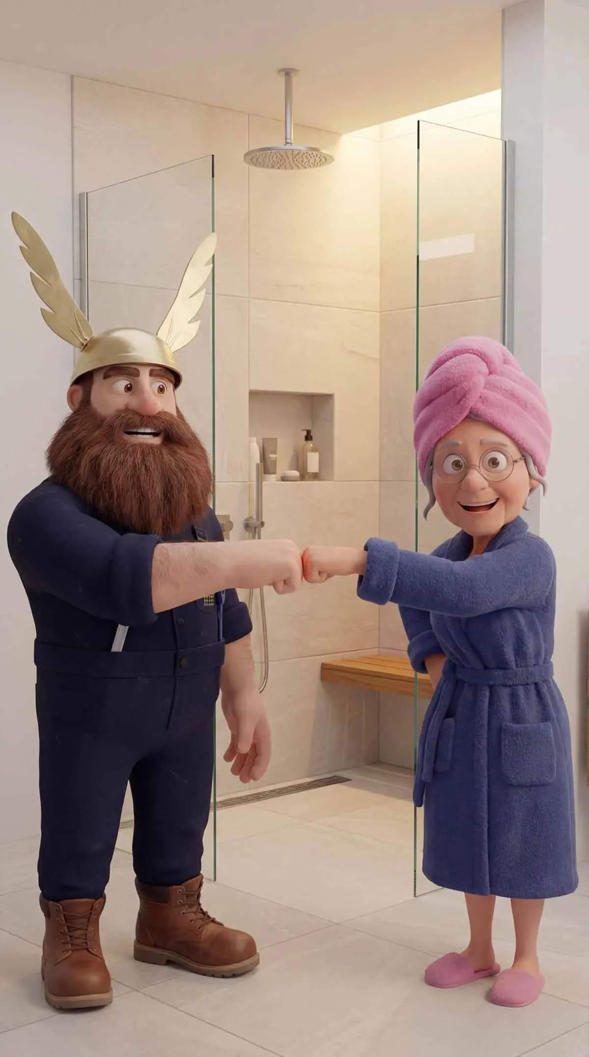 Zwei animierte Figuren, ein Mann im Wikingerkostüm mit Helm und Rüstung sowie eine ältere Frau mit rosa Haarturban, blauer Bademantel und pinken Hausschuhen, begrüßen sich in einer modernen Dusche mit Glaswänden im Badezimmer.