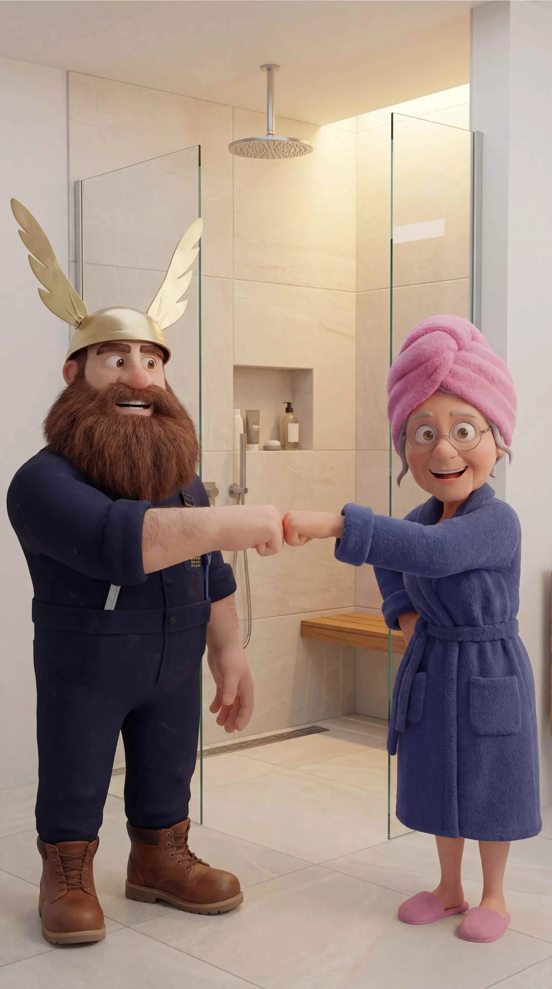 Zwei animierte Charaktere, ein Mann mit Bart, Helm mit Flügeln und schwarzen Klamotten, und eine ältere Frau mit Brille, pinkem Turban, blauer Bademantel und pinken Hausschuhen, begrüßen sich in einem Badezimmer.