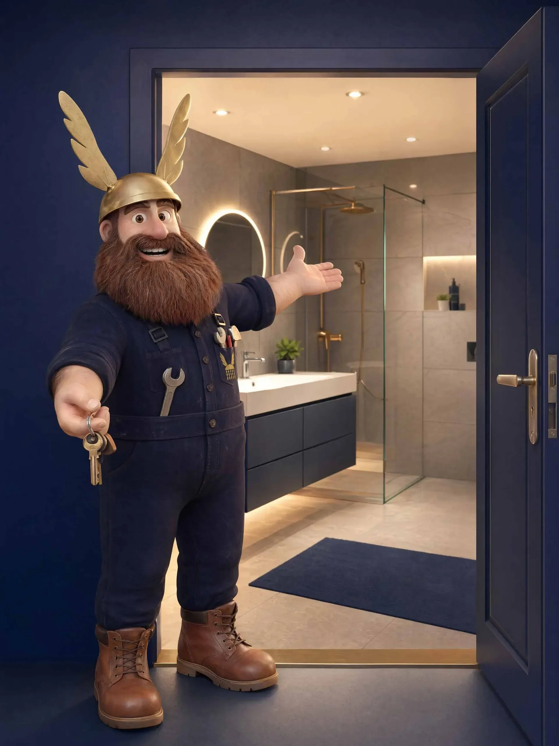 Ein Mann in einer Schürze mit Werkzeugen und einem Schlüssel im Hand hält eine offene Tür in einem modernen Badezimmer auf. Der Mann trägt einen goldfarbenen Helm mit Flügeln, einen Bart und braune Stiefel.