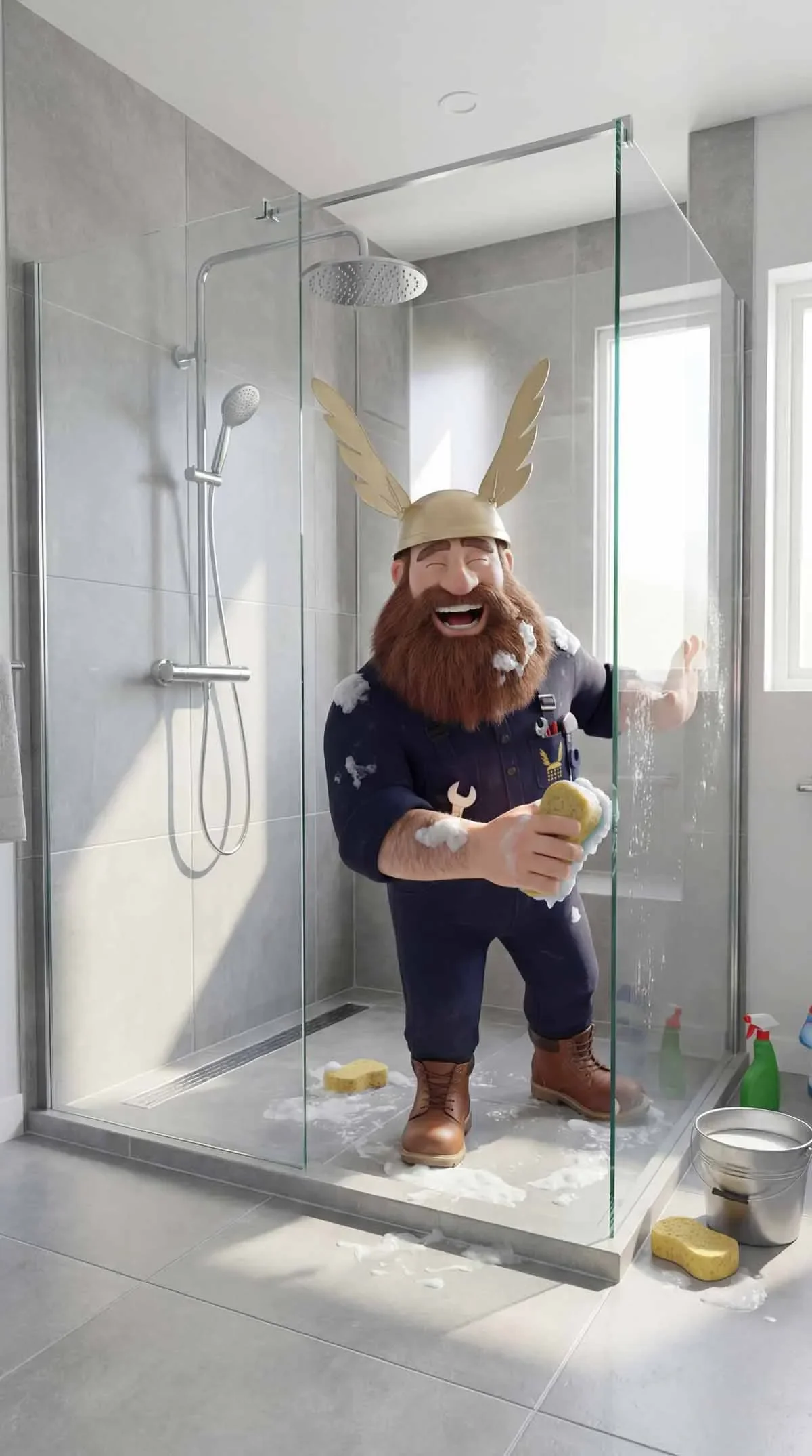 Ein Mann mit einem Bart und einer Wikinger-Helm, der in einer modernen Duschkabine mit Seife und Schaum wäscht.
