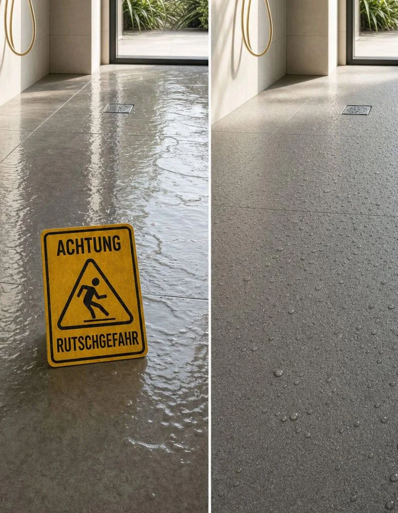 Vergleich zwischen nassem und trockenem Boden in einem Badezimmer, ein Warnschild mit der Aufschrift 'Achtung Rutschgefahr' liegt auf der nassen Seite.
