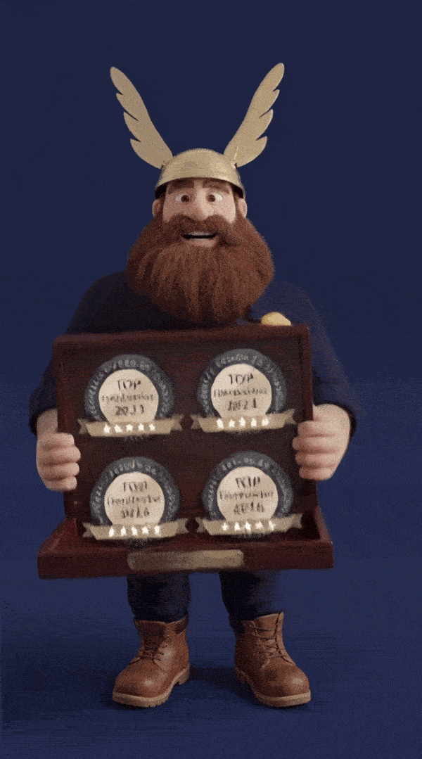 Eine Figur mit Bart, Helm und Flügeln hält eine Tafel mit vier Kreisen, in denen jeweils der Text '100% Handarbeit' steht, vor einem blauen Hintergrund.