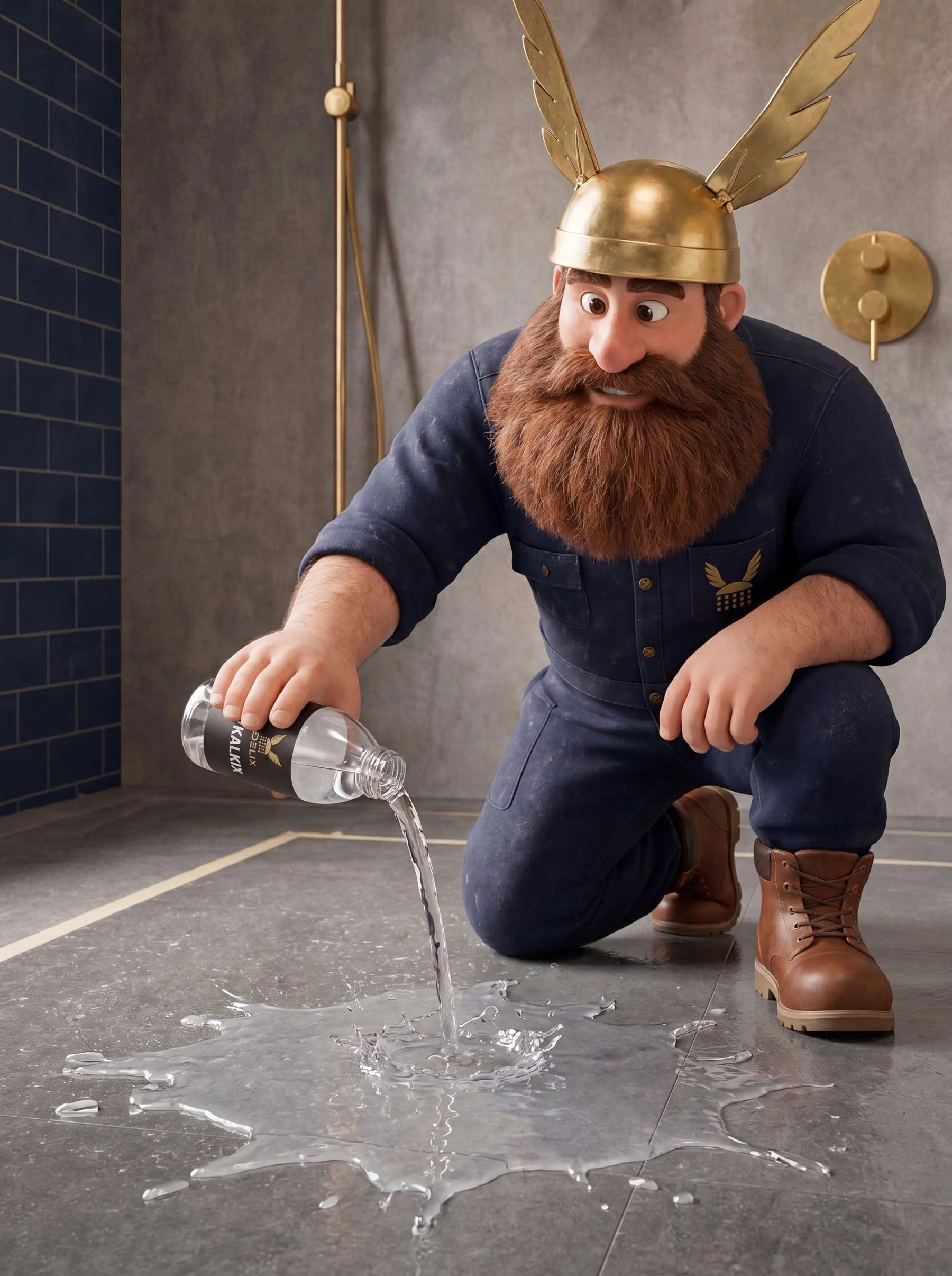 Ein Mann mit rotem Bart und einem Helmm mit Flügeln, trägt eine dunkelblaue Jeansuniform und arbeitet auf dem Boden. Er ist dabei, Wasser aus einer Flasche zu gießen, wodurch Wasser auf den Boden spritzt, während er auf einem Knie auf dem Boden kniet.