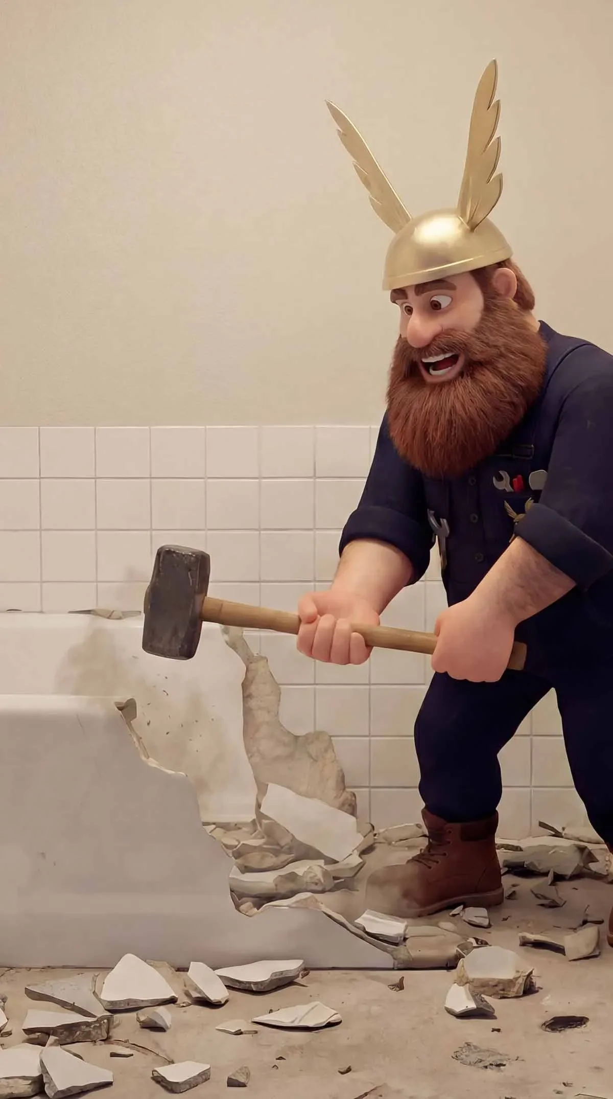 Eine Figur mit Hut, Bart und einem Hammer, scheint eine Badewanne zu zerstören.