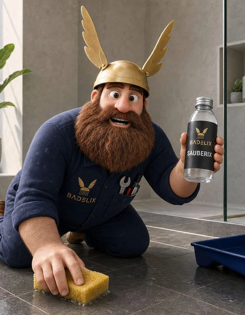 Ein Mann mit Joyfulem Gesicht, braunem Bart und goldener Wikingerhelm mit Flügeln, kniet auf Fliesenboden und putzt den Boden mit einem Schwamm. Er trägt eine dunkle Arbeitsuniform mit dem Logo 'BADELIX'. In der Hand hält er eine Wasserflasche mit dem Etikett 'BADELIX SAUBERIX'.
