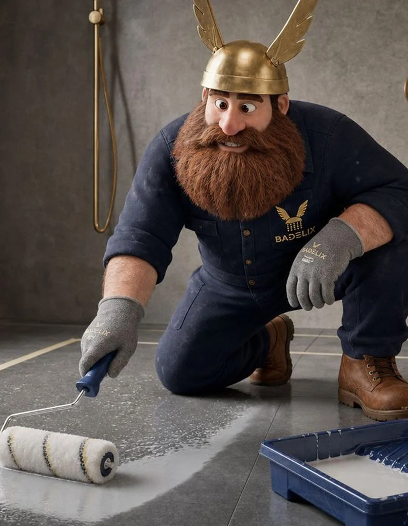 Ein Mann mit Bart in Arbeitskleidung und einer Minnie-Hhöruz-Helm, der auf dem Boden einen Fußbodenroller benutzt, um weißen Farbe auf den Boden zu bringen.
