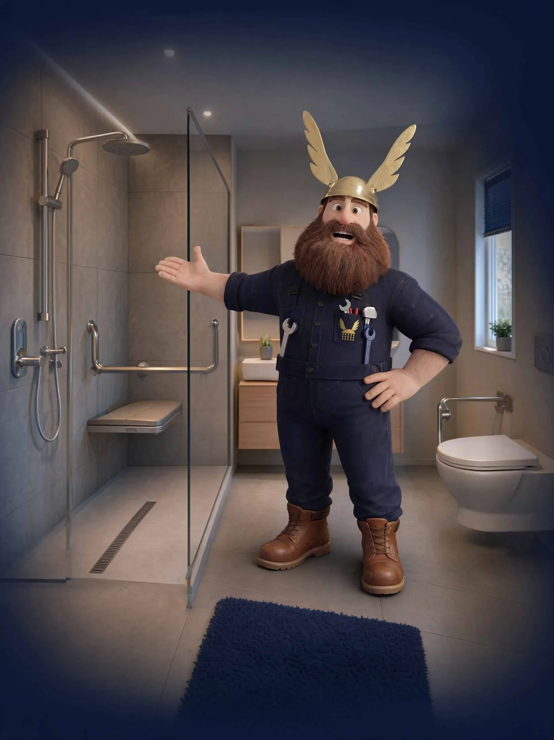 Virtuelle Figur eines Wikinger mit Helm und Flügeln, steht in einem modernen Badezimmer neben einer Dusche, mit Werkzeug im Hemd und einem blauen Teppich auf dem Boden.