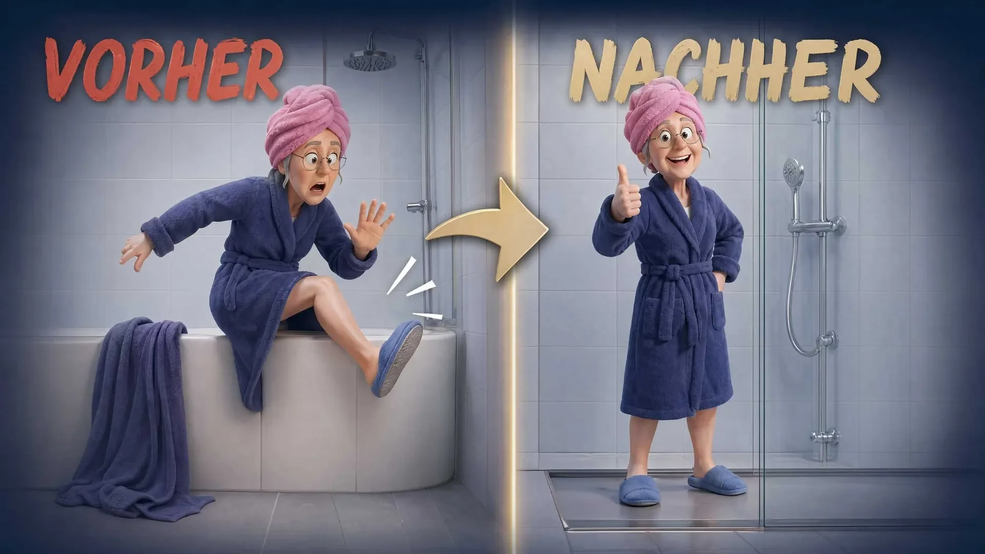 Vergleich eines früheren und eines späteren Zustands eines Badezimmers, gezeigt durch zwei Frauen in Bademänteln mit pinken Handtüchern auf dem Kopf. Auf der linken Seite ist die Frau im Badewannenkörper in einem dunklen Bademantel, schaut überrascht, während sie ihr Bein hebt. Auf der rechten Seite ist die Frau nach der Renovierung, trägt einen blauen Bademantel, steht lächelnd und zeigt einen Daumen hoch im neuen, modernen Badezimmer.
