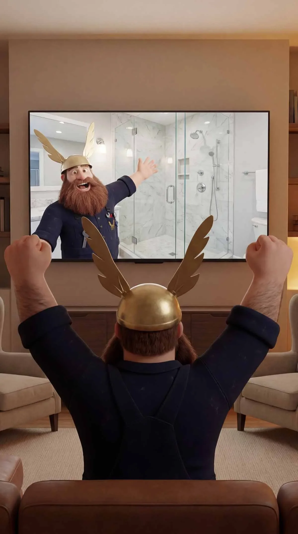 Person mit Wikingerhelm schaut einen Fernseher an, auf dem ein Wikinger mit goldener Helm und Flügeln in einem Badezimmer zu sehen ist.