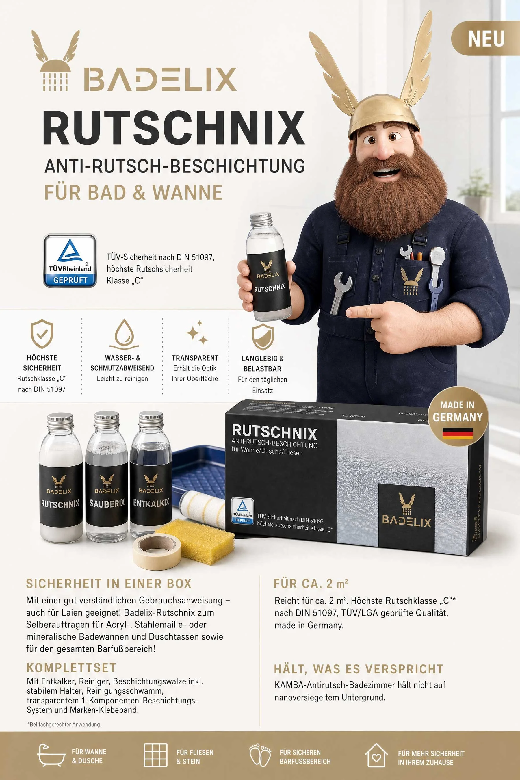 Werbeplakat für Badelix Rutschnix Anti-Rutsch-Beschichtung in Flaschen, zeigt einen Mann mit Bart, der eine Flasche hält, und enthält Produktinformationen und Siegel für Sicherheitsstandards.