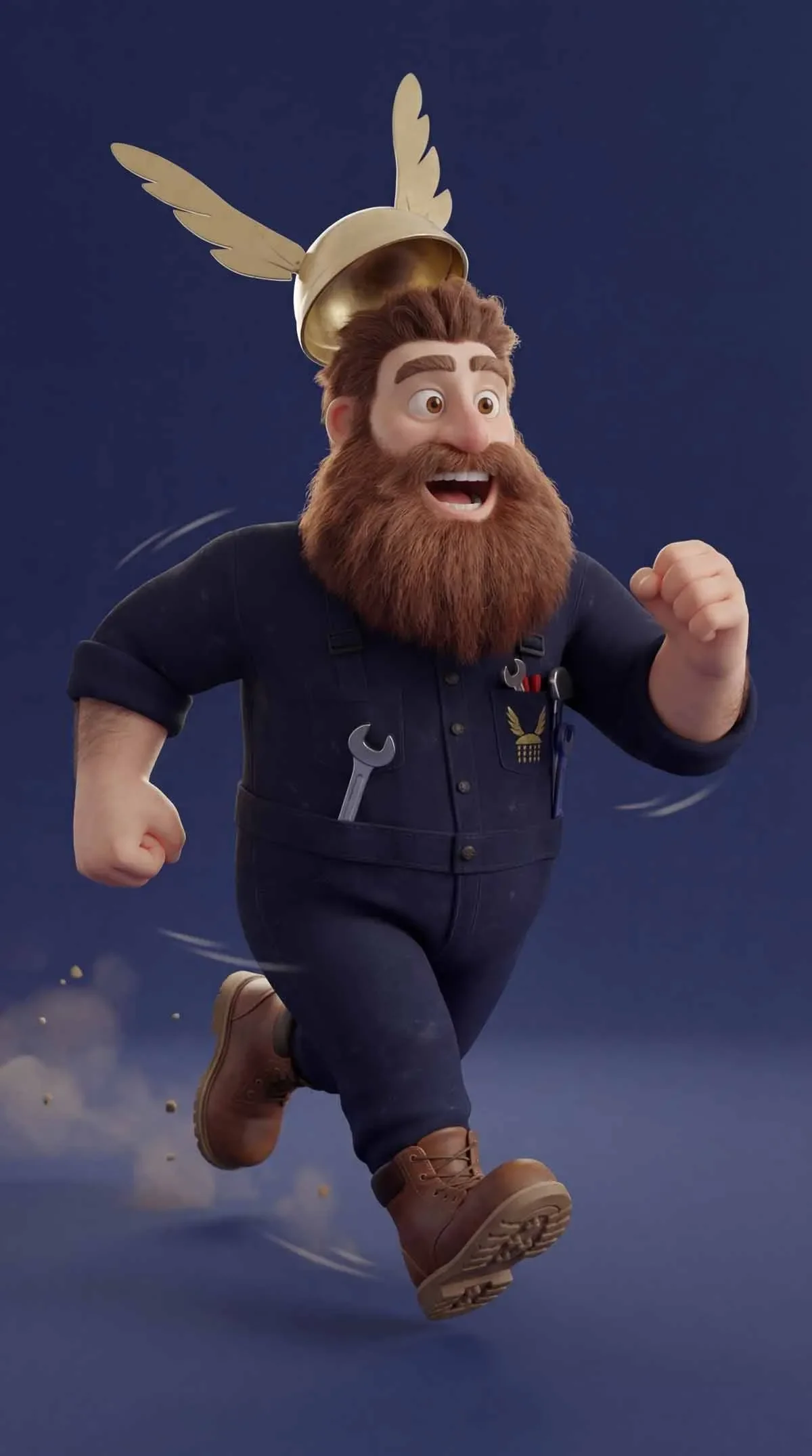 Eine animierte Figur eines Mannes mit braunem Haar und Bart, der fröhlich läuft. Er trägt eine dunkle Arbeitsuniform mit Werkzeugen in der Tasche und einen Helm mit goldenen Flügeln.
