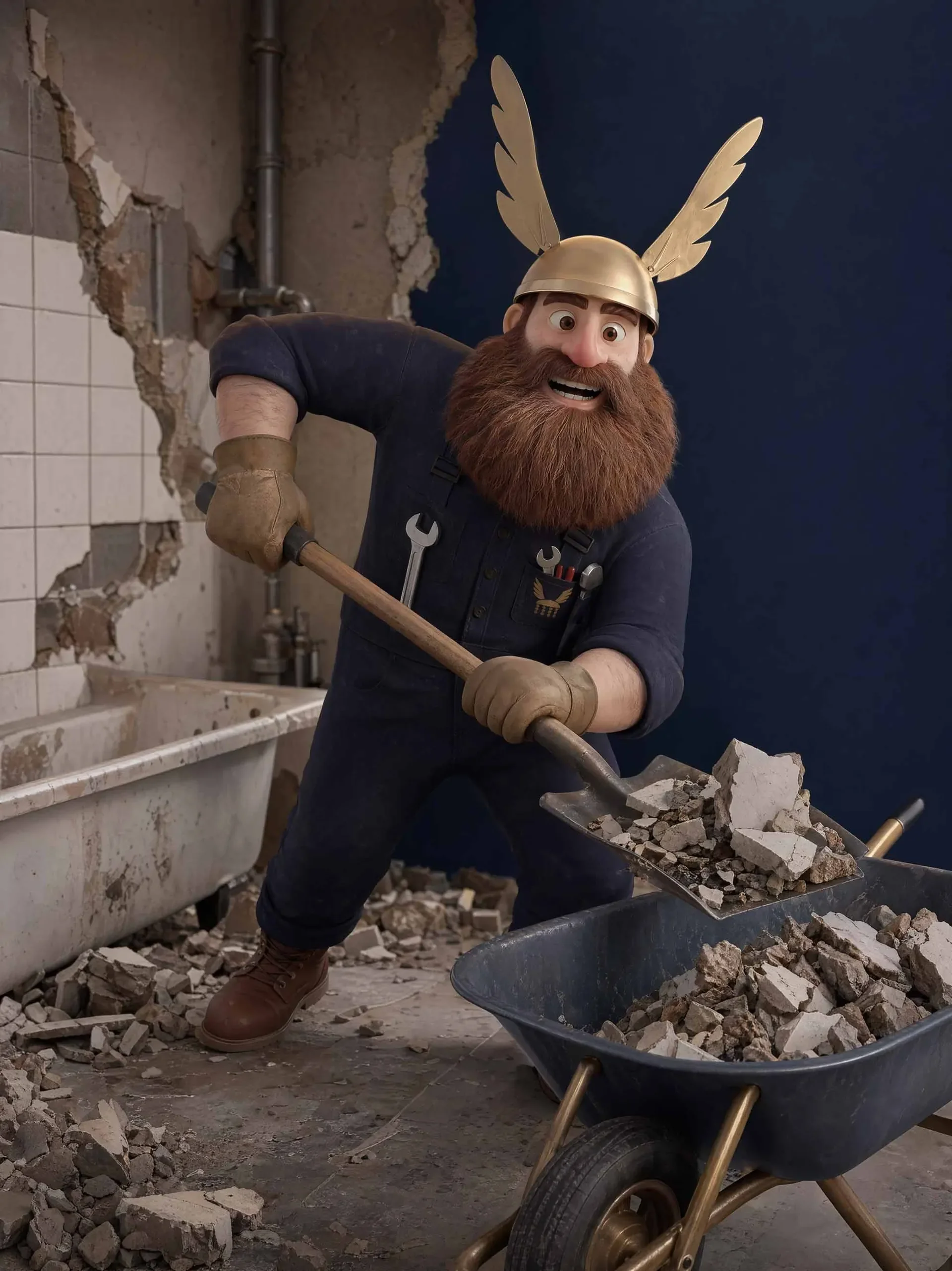 Cartoon männliche Figur mit rotem Bart, goldenem Helm und Flügeln, arbeitet in einem Badezimmer, bricht Fliesen mit einem Hammer, um das Badezimmer umzubauen.