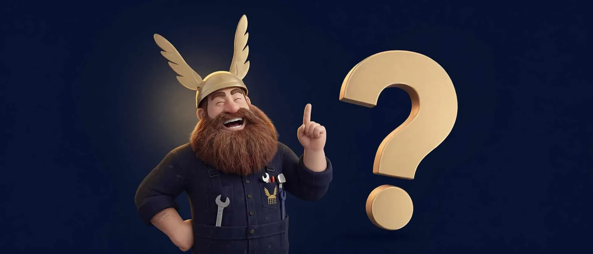 Ein lachender, rothaariger Handwerker mit Bart, trägt einen Helm mit Flügeln, posiert neben einer großen goldfarbenen Fragezeichen-Figur auf schwarzem Hintergrund.