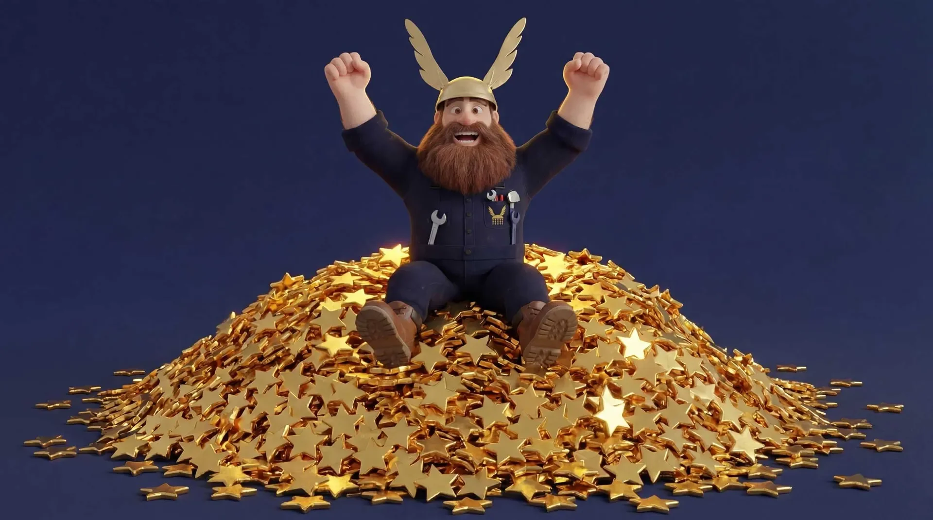 Ein lachender Mann mit rotem Bart sitzt auf einem Haufen goldener Sterne, trägt eine Ritterrüstung mit Flügelhelm.