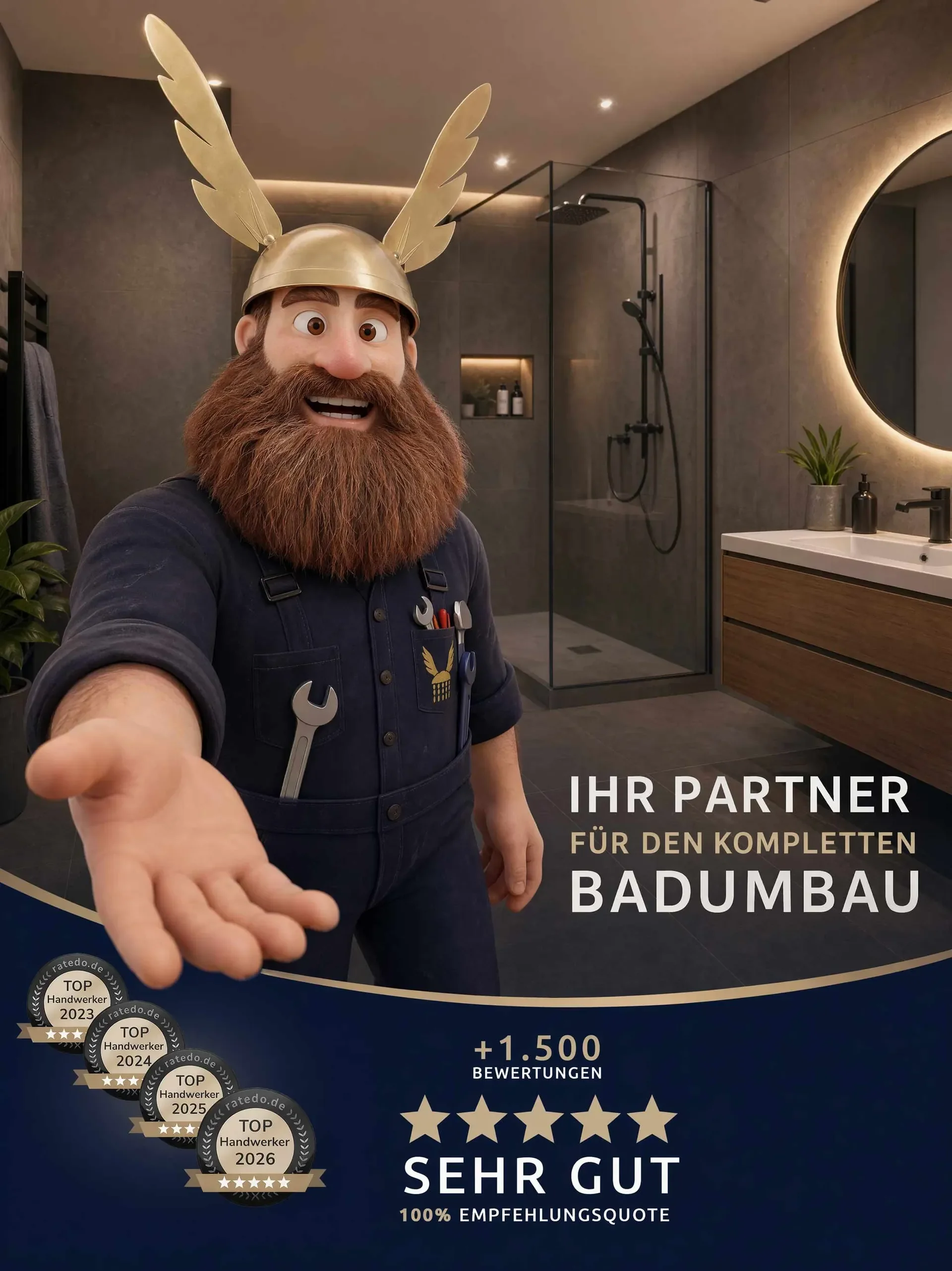 Ein Handwerker mit rotem Bart und Helm mit Flügeln, die auf einem Badezimmer-Bewertungsplakat zeigt, dass die Arbeit sehr gut war, mit fünf Sternen und Bewertungen von 2023 bis 2026, plus eine Bewertung von +1500, 100% Empfehlung.