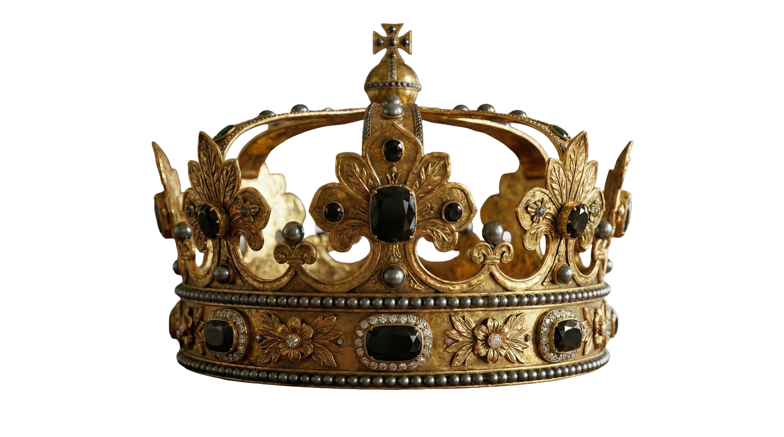 Corona antigua de oro con piedras preciosas negras y blancas, decorada con flores y hojas en relieve.