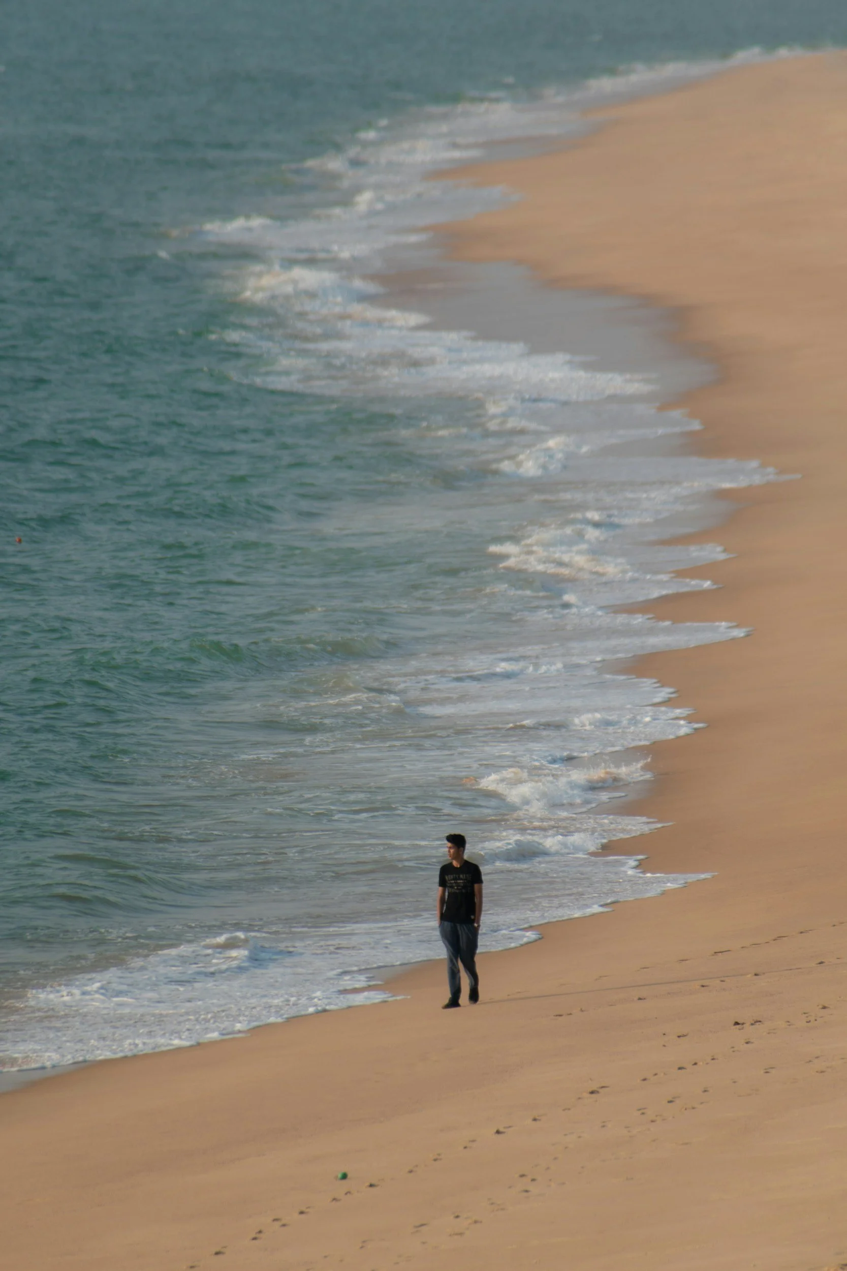 A person walking alone on a sandy beach near the ocean, with gentle waves coming ashore.