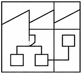 Geometric drawing of an outline square with sections divided by vertical, horizontal, and half circle lines.