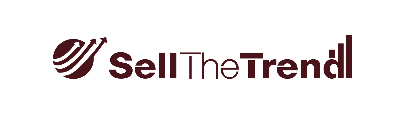 Logo mit einer stilisierten Weltkugel und dem Text "Sell The Trend" in dunkelrot.